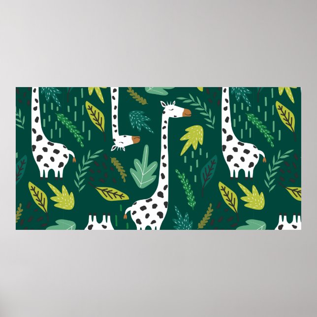 Giraffes, leaves, hand drawn backdrop. Colourful s Poster (Front)