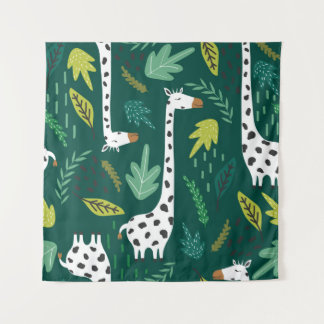 Giraffes, leaves, hand drawn backdrop. Colourful s Tapestry