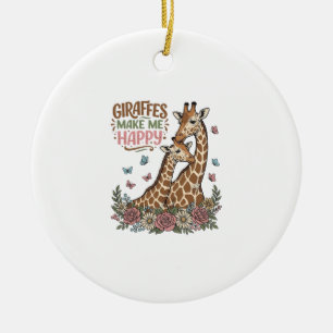 Giraffes Make Me Happy Vintage Floral Shirt Design Ceramic Tree Decoration