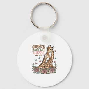 Giraffes Make Me Happy Vintage Floral Shirt Design Key Ring