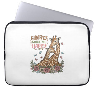 Giraffes Make Me Happy Vintage Floral Shirt Design Laptop Sleeve
