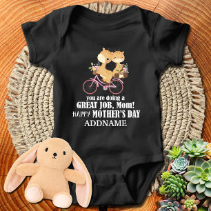 Giraffes on Bike Custom Name Happy 1st Mothers Day Baby Bodysuit