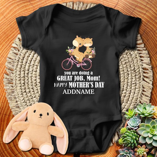 Giraffes on Bike Custom Name Happy 1st Mothers Day Baby Bodysuit (Creator Uploaded)