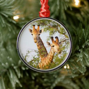Giraffes Peeking Above Vegetation Metal Tree Decoration