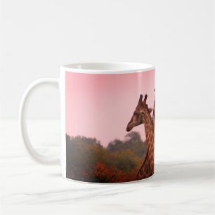 Giraffes standing in mopani trees with pink sky coffee mug