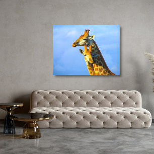Giraffes under blue sky Canvas Framed Print