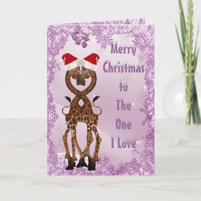 Giraffes Under the Mistletoe Purple Christmas Card (Front)
