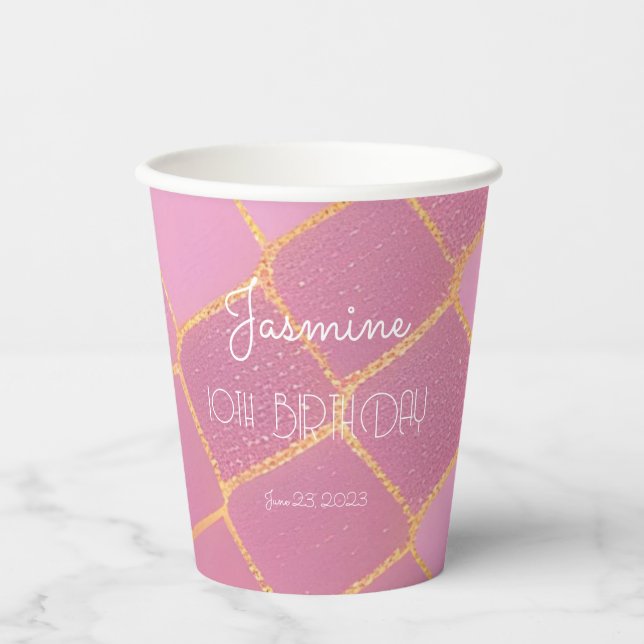 Girl 10th Birthday Pink Gold Glitter Paper Cups (Front)
