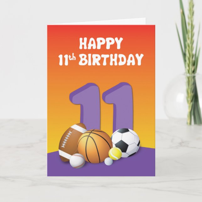 Girl 11th Birthday Sports Balls Card (Front)