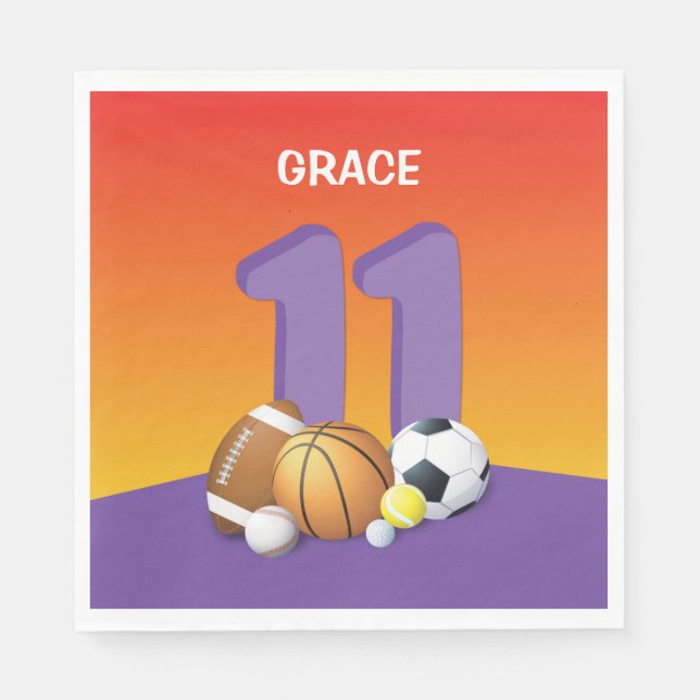 Girl 11th Birthday Sports Balls Napkin (Front)