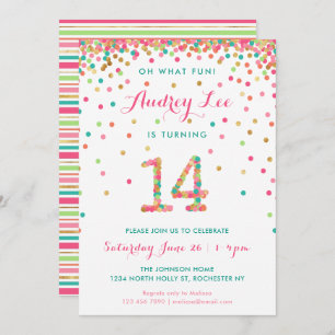 Girl 14th Birthday Invitation fourteenth birthday