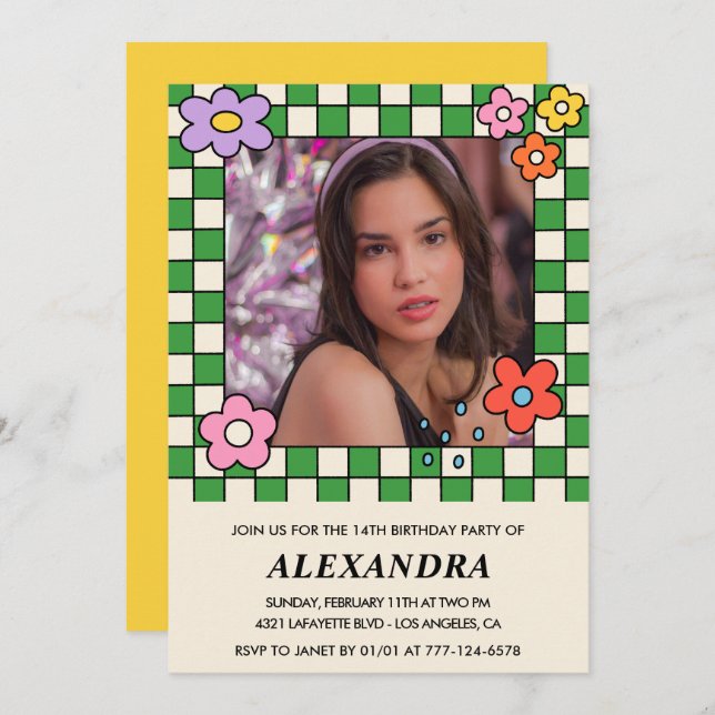 Girl 14th birthday invitation Retro Groovy Flowers (Front/Back)