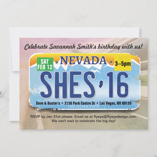 Girl 16th Birthday Nevada License Invitation (Front)