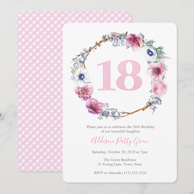 Girl 18th Birthday Party | Wreath of Pink Flowers Invitation (Front/Back)