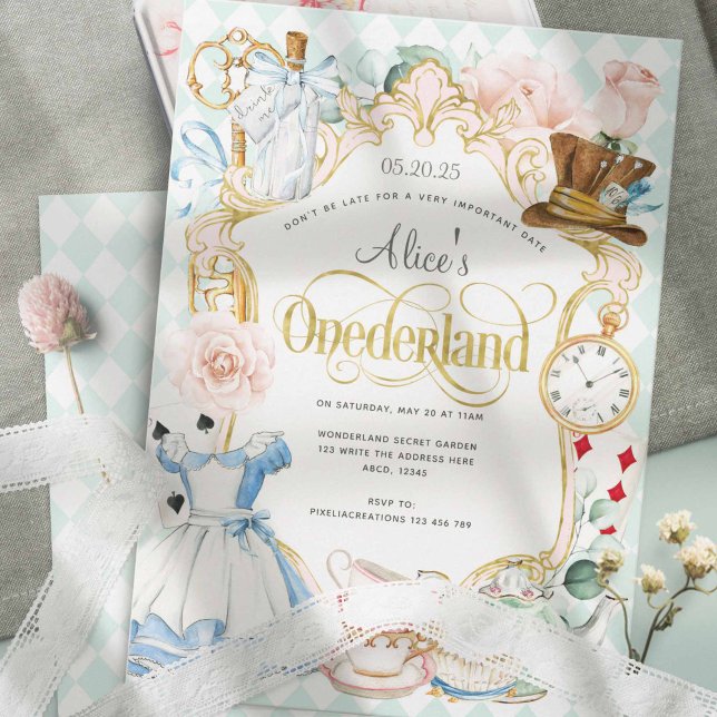 Girl 1st birthday Alice's Onederland Tea party Invitation (Pastel Teal, Alice in wonderland , Girl 1st birthday invitations.)
