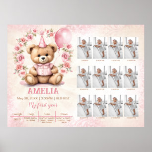 Girl 1st Birthday Bear Photo Template Milestone Poster