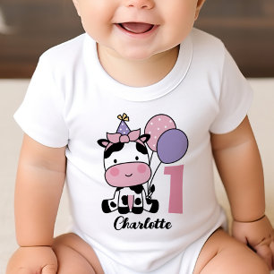 Girl 1st Birthday Cow Pink Balloons Personalised Baby T-Shirt