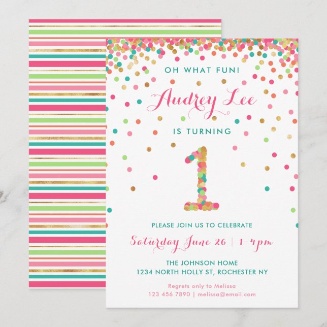 Girl 1st Birthday Invitation first birthday party (Front/Back)