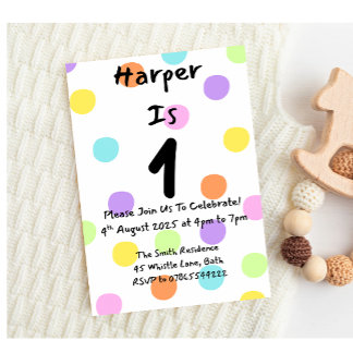 Girl 1st Birthday Invitation Pastel Polka Dot Kids