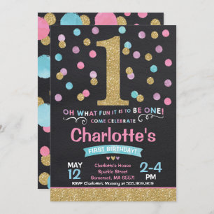 Girl 1st Birthday Invitation Pink & Gold Confetti