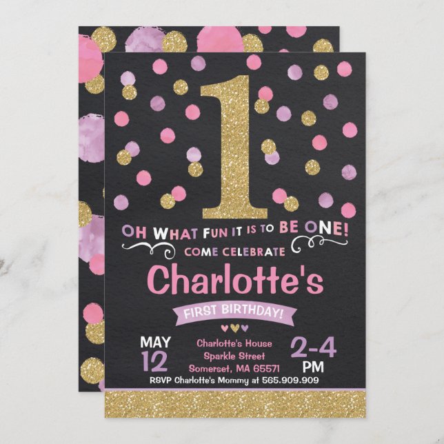 Girl 1st Birthday Invitation Pink & Gold Confetti (Front/Back)