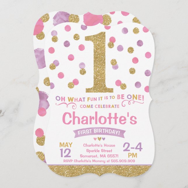Girl 1st Birthday Invitation Pink & Gold Confetti (Front/Back)
