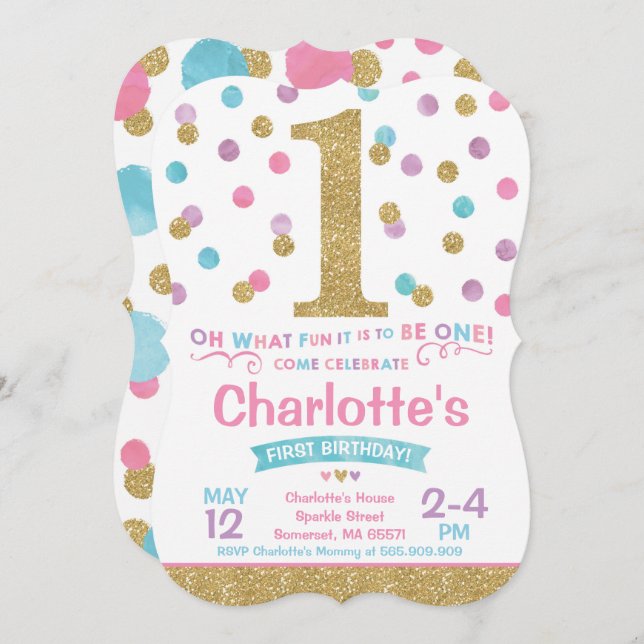 Girl 1st Birthday Invitation Pink & Gold Confetti (Front/Back)
