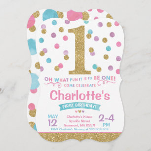 Girl 1st Birthday Invitation Pink & Gold Confetti