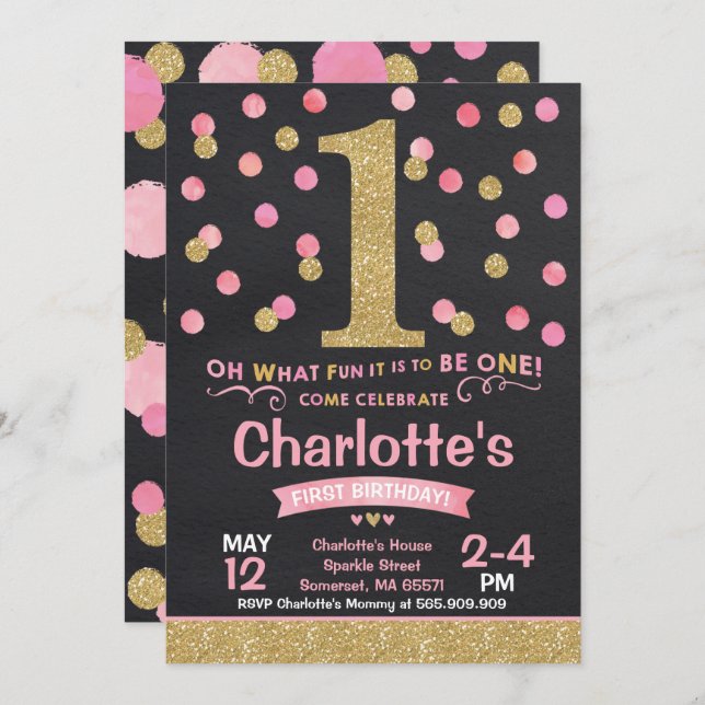 Girl 1st Birthday Invitation Pink & Gold Confetti (Front/Back)
