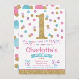 Girl 1st Birthday Invitation Pink & Gold Confetti