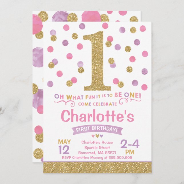 Girl 1st Birthday Invitation Pink & Gold Confetti (Front/Back)