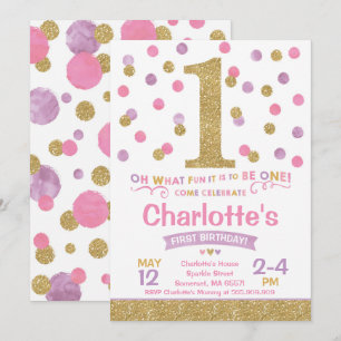 Girl 1st Birthday Invitation Pink & Gold Confetti