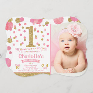 Girl 1st Birthday Invitation Pink & Gold Confetti