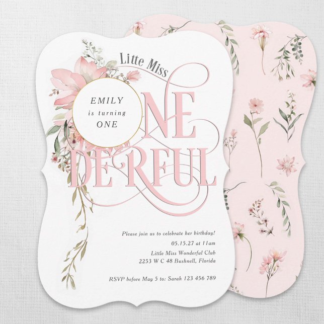 Girl 1st birthday Little Miss Onederland Pink  Invitation (Wildflower Little Miss Onederland, Girl 1st birthday invitation.)