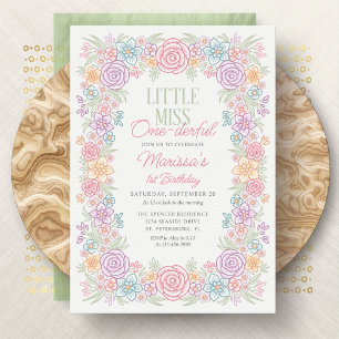 Girl 1st Birthday Miss One-derful Floral Invitation