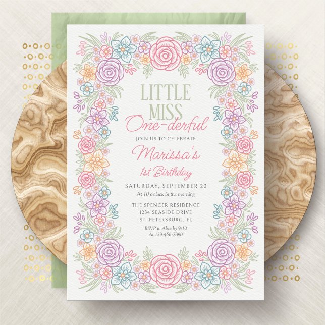 Girl 1st Birthday Miss One-derful Floral Invitation (Creator Uploaded)