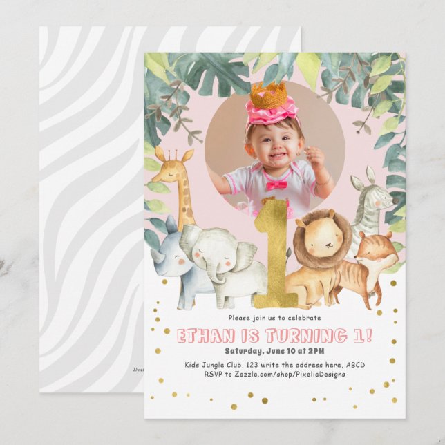 Girl 1st Birthday Safari Jungle animals pink photo Invitation (Front/Back)