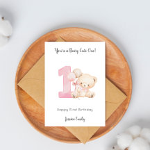 Girl 1st Birthday Teddy Bear Balloon Card
