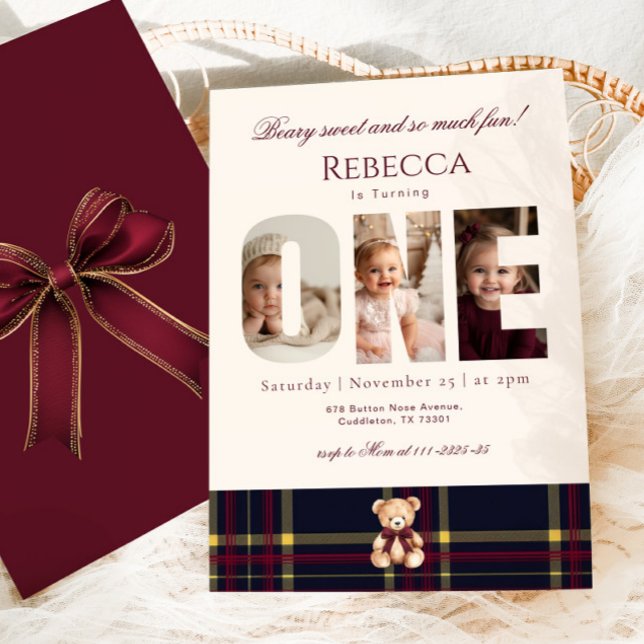 Girl 1st Birthday Teddy Bear Photo Winter Invitation (Creator Uploaded)