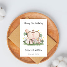 Girl 1st Birthday Woodland Animals Card
