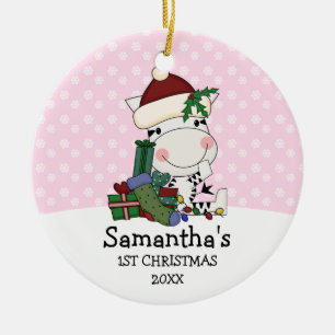 Girl 1st Christmas Santa Zebra Personalised Ceramic Tree Decoration