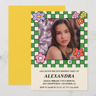 Girl 20th birthday invitation Retro Groovy Floral