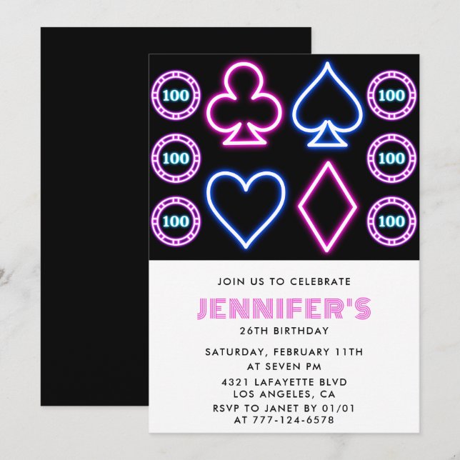 Girl 26th birthday invitations Casino theme Poker (Front/Back)
