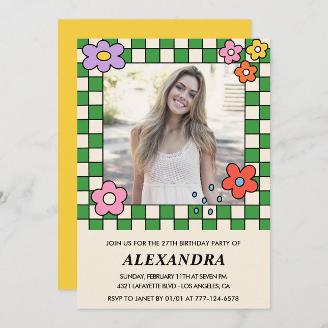 Girl 27th birthday invitation Retro Groovy Floral (Front/Back)