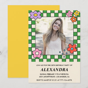 Girl 28th birthday invitation Retro Groovy Floral
