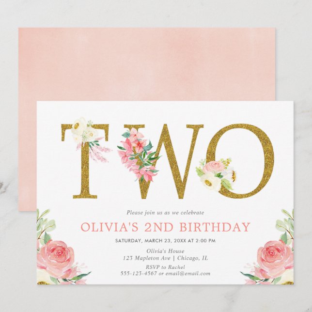 Girl 2nd birthday blush pink and gold floral invitation (Front/Back)
