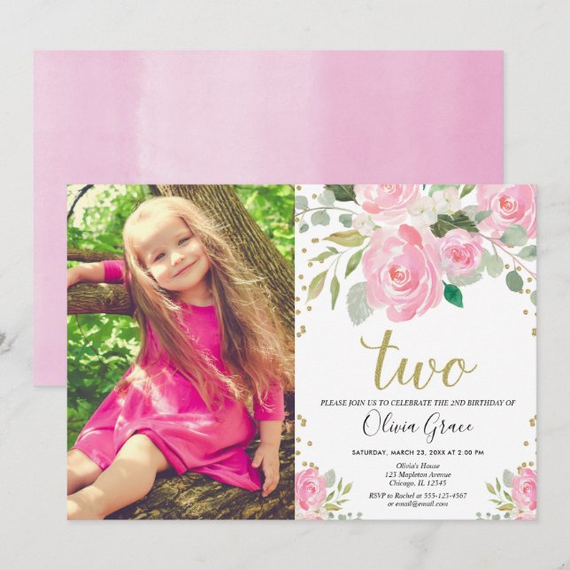 Girl 2nd birthday blush pink gold floral elegant invitation (Front/Back)