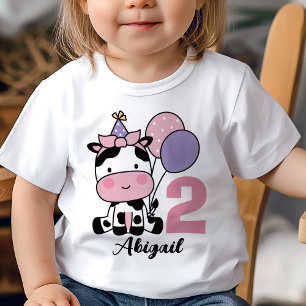 Girl 2nd Birthday Personalised Cow Pink Balloons Baby T-Shirt
