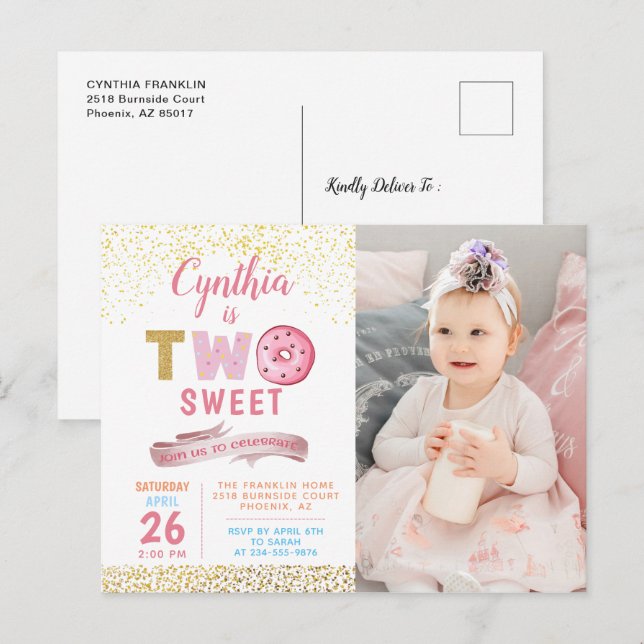 Girl 2nd Birthday Two Sweet Doughnut Photo Invitat Postcard (Front/Back)