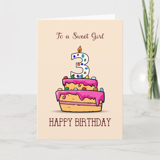 Girl 3rd Birthday, 3 on Sweet Pink Cake Card (Front)